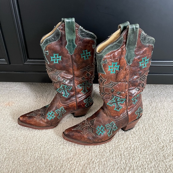Corral Whiskey / Turquoise Cross Cowboy Boots - Cowgirl Boots - Size: 8M